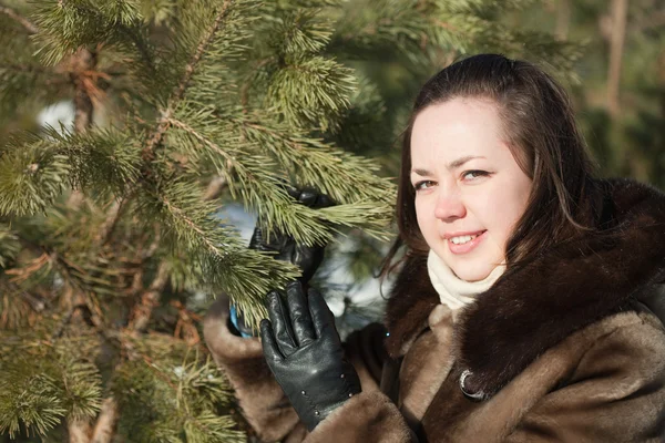 Kışlıklar çam ormanı içinde kız — Stok fotoğraf