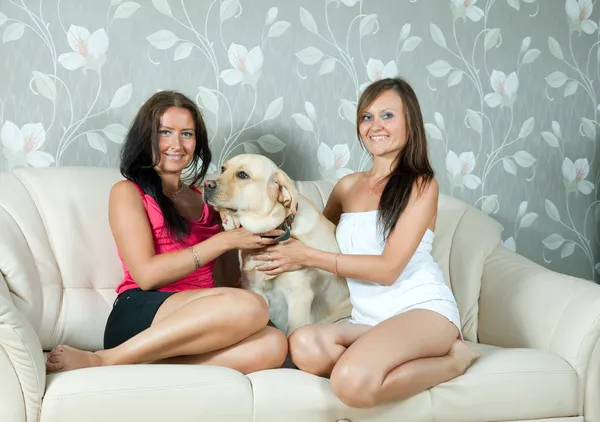Mulheres com labrador retriever no sofá — Fotografia de Stock