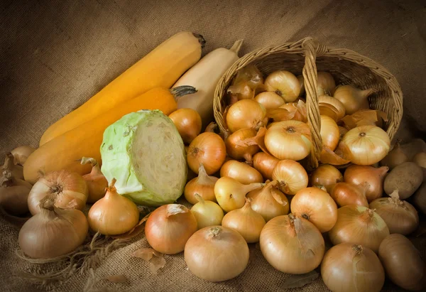 Onion in basket and vegetable marrow — Stock Photo, Image
