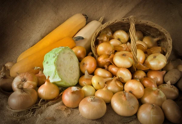 Cebola em cesta e tutano vegetal — Fotografia de Stock