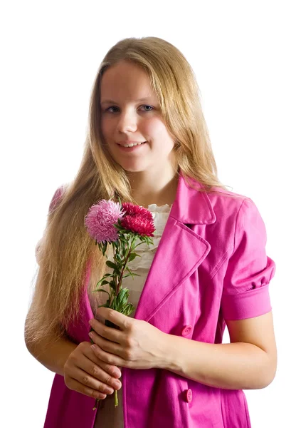 Girl with flowers over white Stock Image