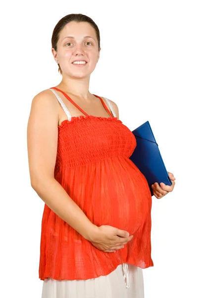 Mulher grávida segurando pasta documentos — Fotografia de Stock