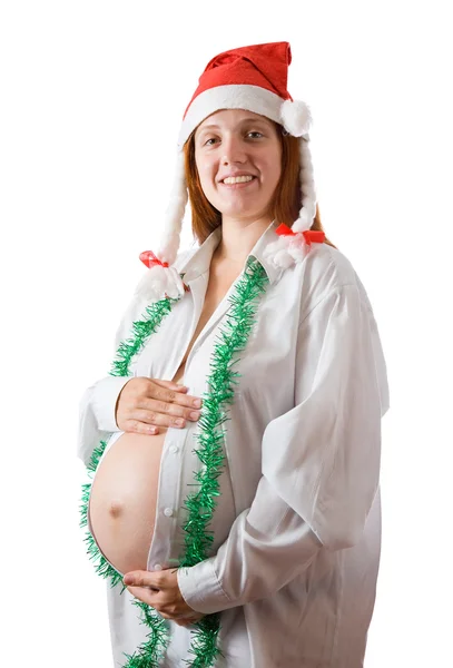크리스마스 모자에 임신한 여자 — 스톡 사진