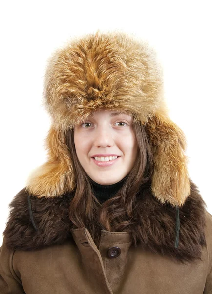 Koyun derisi ve fox şapkalı kadın — Stok fotoğraf
