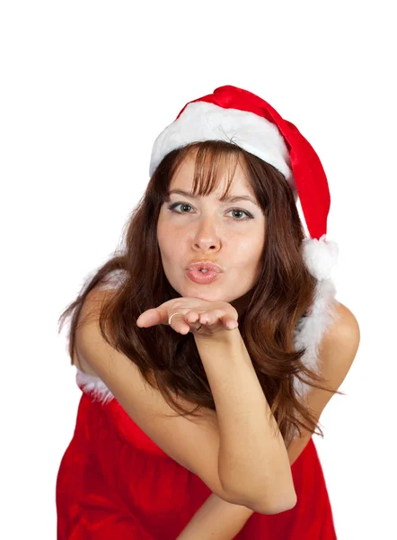 Air-beijando menina no traje de Natal — Fotografia de Stock