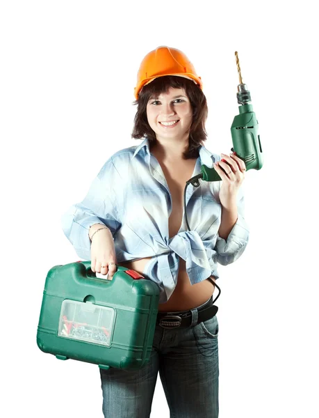 Girl with drill over white — Stock Photo, Image