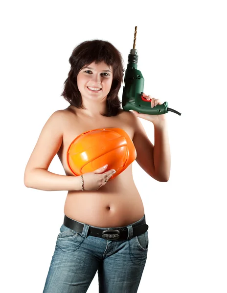 Topless woman with drill over white — Stock Photo, Image