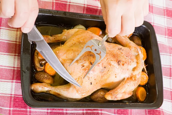 Baked chicken on roasting pan — Stock Photo, Image