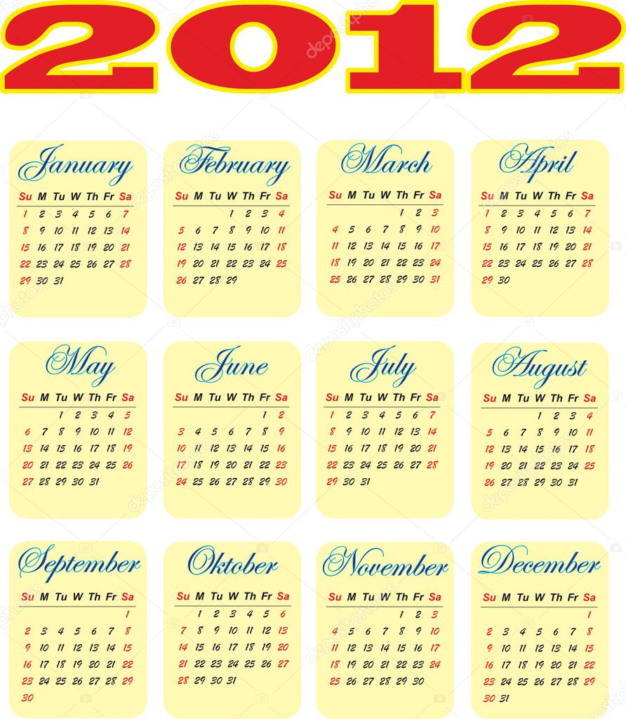 2012 year calendar template
