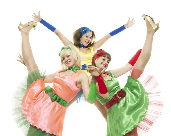 Three stylish young woman in bright colour dresses — Stock Photo, Image