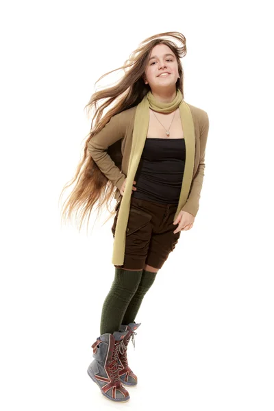 La ragazza con i capelli lunghi su uno sfondo bianco — Foto Stock