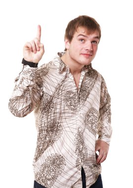 Young man maliciously smiles points a finger in top clipart