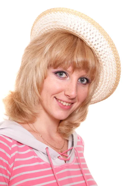 Portrait of the blonde in a summer hat — Stock Photo, Image