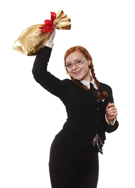 Iskolás tartja arany táska, bekötözött bürokrácia — Stock Fotó