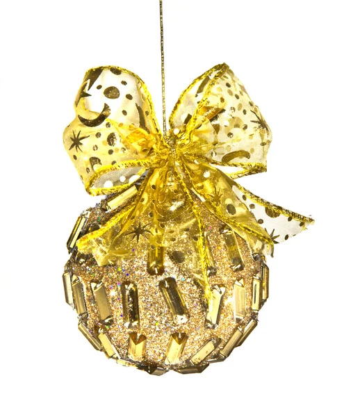 Christmas golden ball with gold bow — Stock Photo, Image