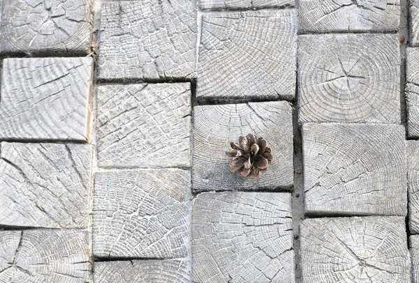 Dennenappel op een houten trottoir — Stockfoto