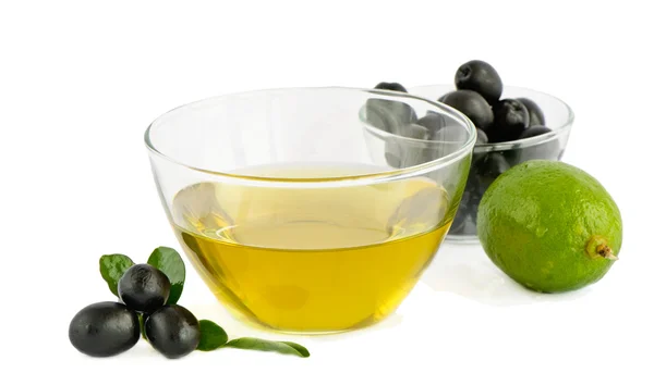 Olio d'oliva, olive e lime — Foto Stock