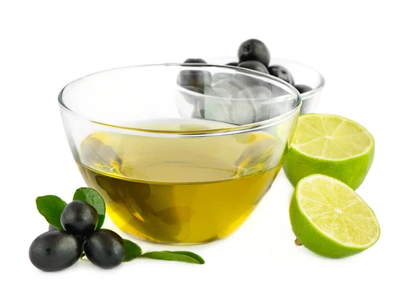 Olio d'oliva, olive e lime — Foto Stock