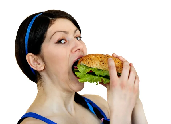 Joven sorprendida mujer con sándwich aislado en blanco —  Fotos de Stock