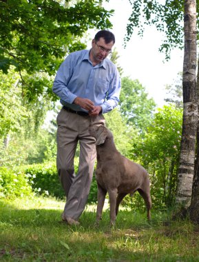 adam ve köpeği açık havada