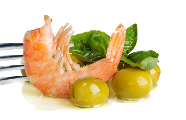 Shrimp and green olives — Stock Photo, Image