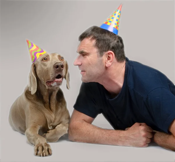The man and dog lie in celebratory hats — Stock Photo, Image