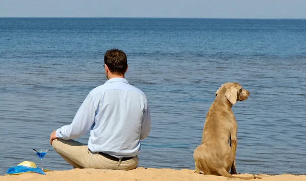 Šťastný muž se psem na pobřežní — Stock fotografie