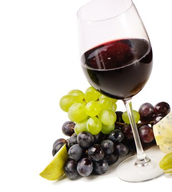 Red wine,grapes and cheese isolated on white background clipart