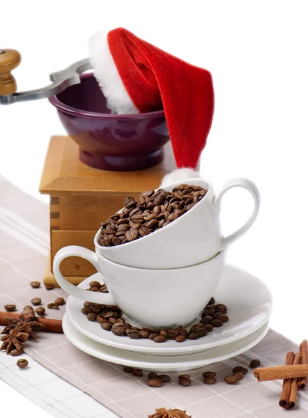 Christmas coffee grinder and coffee cup — Stock Photo, Image
