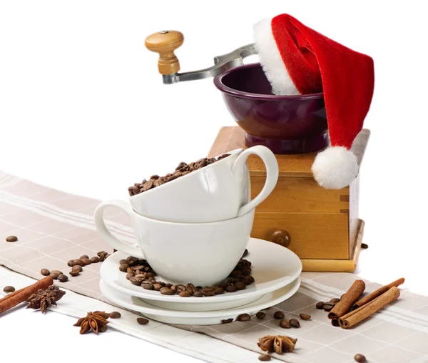 Christmas coffee grinder and coffee cup — Stock Photo, Image