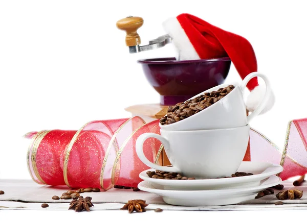 Kerstmis koffie grinder en koffiekopje — Stockfoto