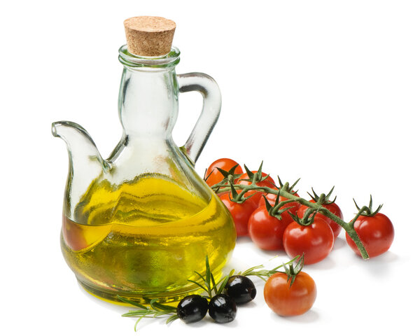 Olive oil and tomatoes isolated on white background