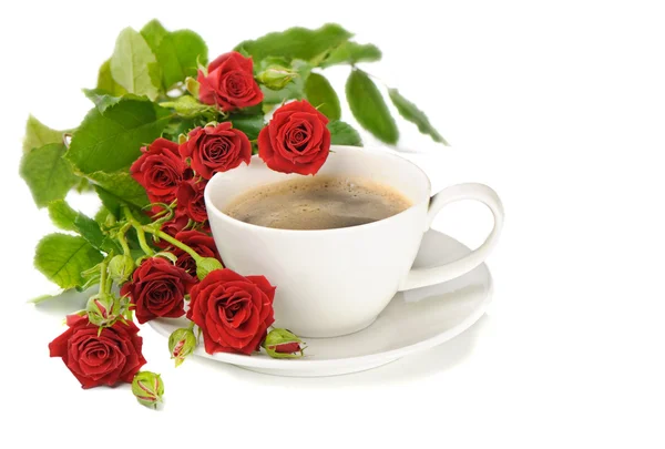 Café y rosas aislados en blanco — Foto de Stock