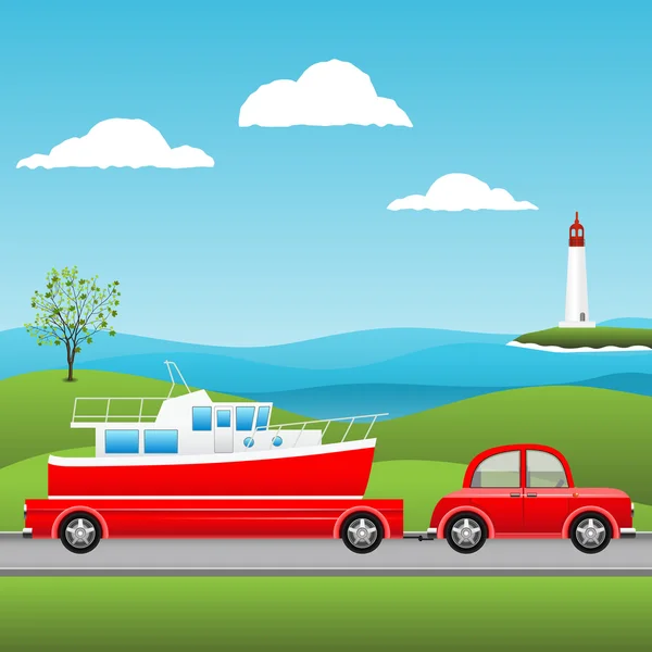 Red car and boat — Stock Vector