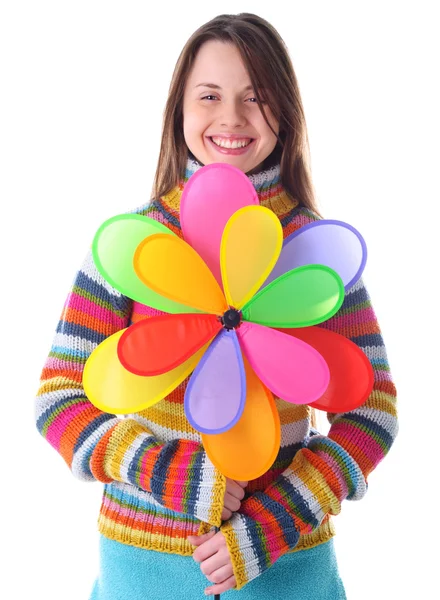 Menina com pinwheel colorido — Fotografia de Stock