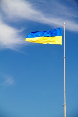 Flag of Ukraine with flag pole waving in the wind on front of bl clipart