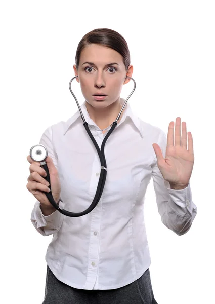 Verängstigter Arzt zeigt Stopp-Geste — Stockfoto