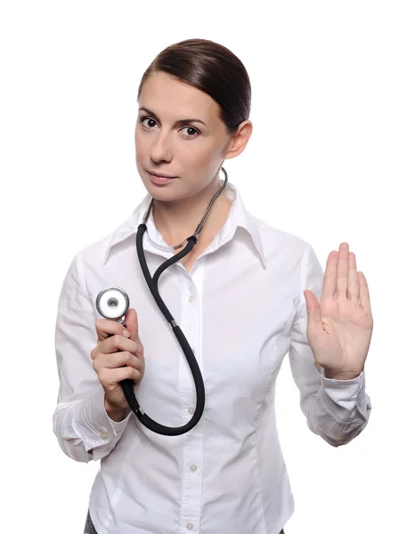 Médico médico mujer mostrando stop gesture —  Fotos de Stock