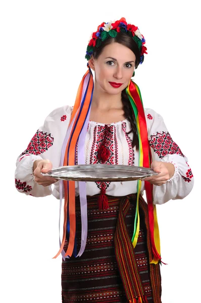 stock image Woman in ukraininan costume holding empty tray