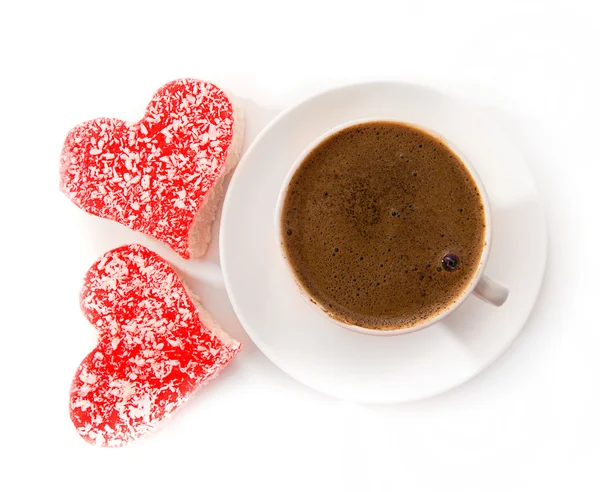 Mugs of coffee with sweet heart — Stock Photo, Image