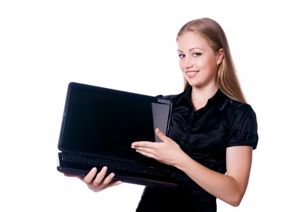 かわいい女性保持するノート パソコン — ストック写真