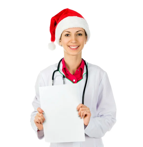 Médico feminino em chapéu de Santa — Fotografia de Stock