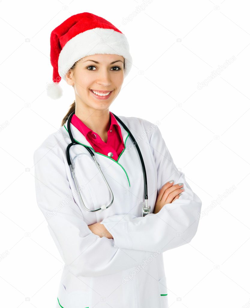 Female doctor in Santa hat