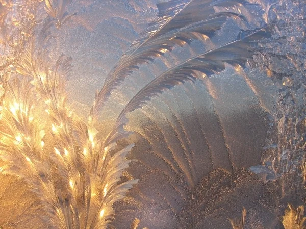 Льодяний візерунок і сонячне світло на зимовому склі — стокове фото