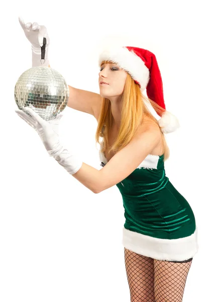 Sexy santa helper met grote disco bal — Stockfoto