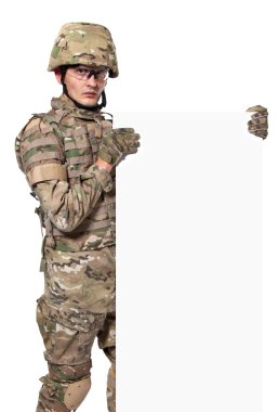 Modern soldier holding a poster clipart