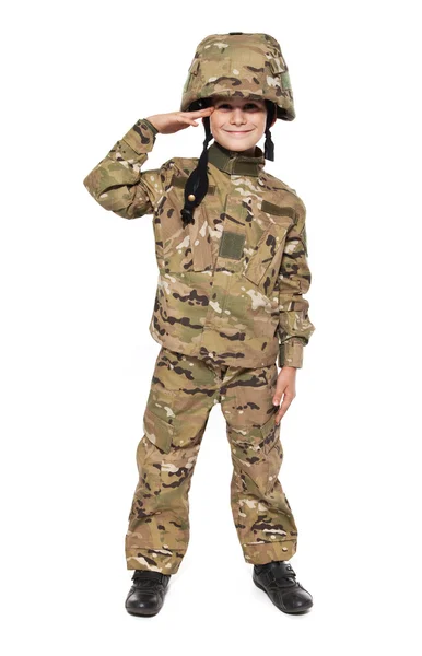 Saluting soldier. Young boy — Stock Photo, Image