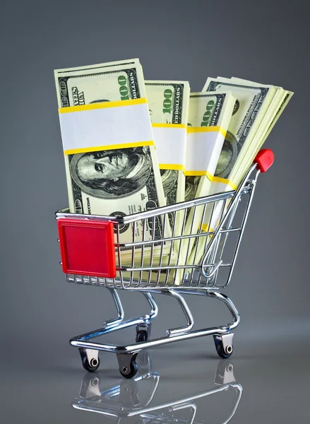 Koszyk na zakupy i pieniądze — Zdjęcie stockowe