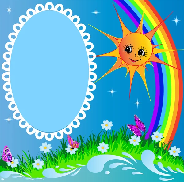 Rám s slunce motýl a rainbow — Stockový vektor
