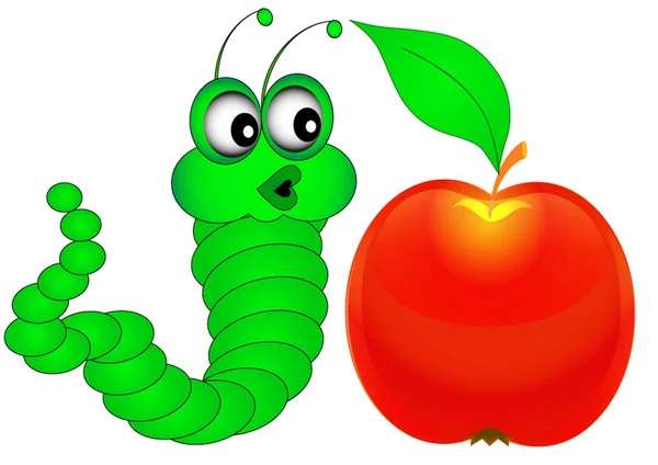 Zielona gąsienica zaskoczony patrzy na jabłko — Wektor stockowy